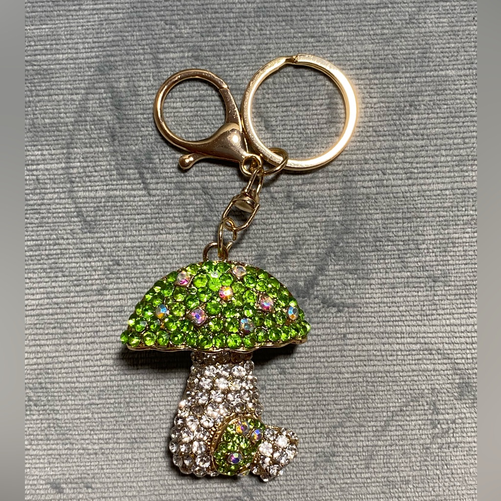 Luxury Gemstone Mushroom KeychainBag Charm With Green And Clear Stones On Gold